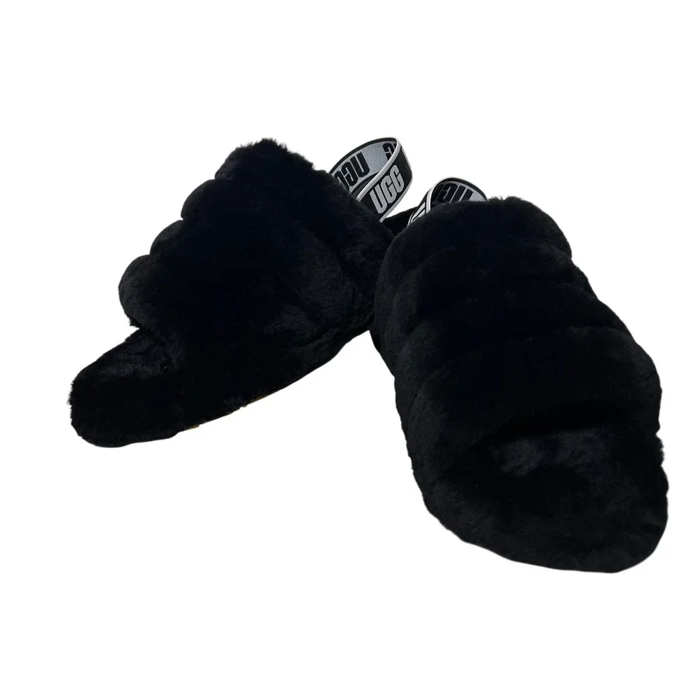 UGG Fluff Yeah Slide in Black Fur, Big Kids US Size 6, NWT